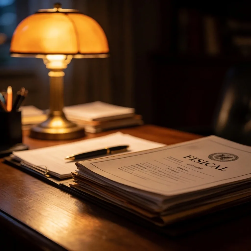 Escritorio de contador de noche con documentación fiscal