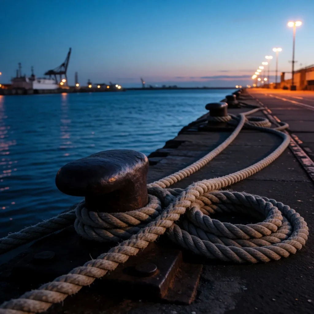 Muelle portuario industrial al anochecer