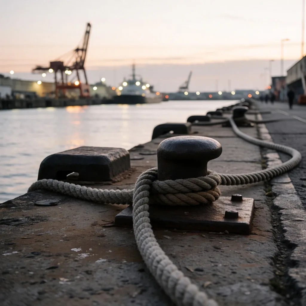 Muelle portuario industrial al atardecer